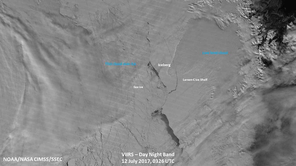 Larsen C fotografato da Visible Infrared Imaging Radiometer Suite (VIIRS) sul satellite NOAA/NASA Suomi NPP