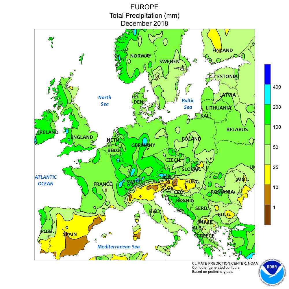 Gli accumuli totali del mese di dicembre 2018 - Fonte NOAA