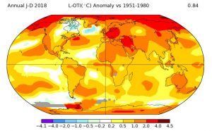 Riscaldamento globale: l’anomalia delle temperature globali nel 2018. Fonte NASA